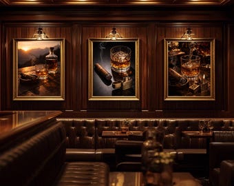 ウイスキーのウォールアート3枚セット（印刷可能）、バーボンシガーデコレーションバンドル、男の隠れ家ウォールアート、バーカートアートワーク、男性的なホームデコレーション、ウイスキー愛好家