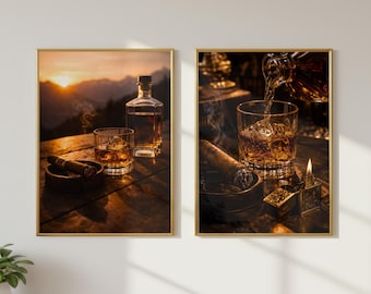 ウイスキーのウォールアート2枚セット（印刷可能）、バーボンサンセットデコレーション、シガーラウンジウォールアート、男の隠れ家デコレーション、バーカートアートワーク、男性的なホームデコレーション