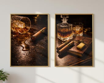 Juego de 2 láminas decorativas de whisky, estampado de derrame de bourbon, decoración de puros y decantadores, arte para la cueva del hombre, arte para carrito de bar, decoración masculina vintage.