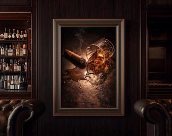 ウイスキーのウォールアートプリント、バーボンのこぼれアート、葉巻のウォールアート、男の隠れ家の装飾、素朴なバーの装飾、ドラマチックなウイスキープリント、アルコールのウォールアート