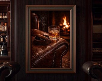ウイスキー暖炉ウォールアートプリント、シガーラウンジ装飾、男の隠れ家ウォールアート、バーボンプリント、居心地の良いバー装飾、男性へのギフト、ウイスキー美学