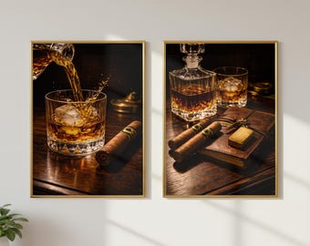 Juego de 2 láminas decorativas de whisky para pared, lámina de vertido de bourbon, decoración de puros y decantadores, arte para la cueva del hombre, arte para carrito de bar, decoración masculina vintage.