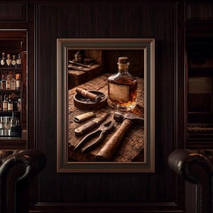 May include: A framed still life featuring a bottle of amber liquid, a cigar in an ashtray, and various tools on a wooden surface. The tools include a hammer, pliers, and a folding knife. The scene is set in a dark, wood-paneled room.