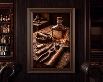 ウイスキー工房の壁掛けアート（印刷可能）、素朴なバーボン装飾、男の隠れ家ツールアート、大工装飾、ウイスキーシガープリント、男性的な壁掛けアート