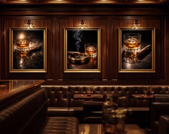 Juego de 3 láminas decorativas de whisky y puros, láminas de vasos de bourbon, decoración ahumada de whisky, arte para la cueva del hombre, arte para carrito de bar, decoración masculina para el hogar