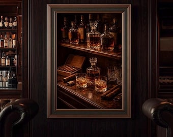 ウイスキーのウォールアートプリント、バーボンバーの装飾、葉巻のウォールアート、男の隠れ家の装飾、ウイスキーの棚のプリント、バーカートの装飾、男性用ウォールアート