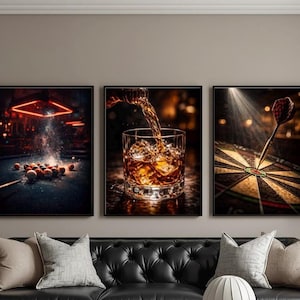 Väggkonst Man Cave Set med 3 – Väggdekoration i barstil – Tryck med whiskybar – Konst för biljardbord och darttavla – Väggdekoration i spelrum – Digital nedladdning