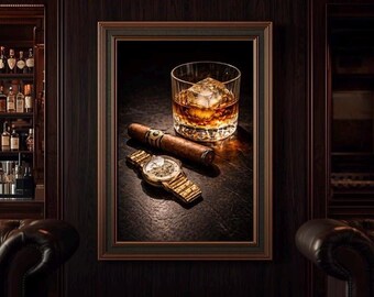 Whiskey Cigar Watch Wall Art Printable, Luxury Bourbon Decor, Man Cave Wall Art, Gentleman Style Artwork, Bar Cart Decor, Masculine Home Art