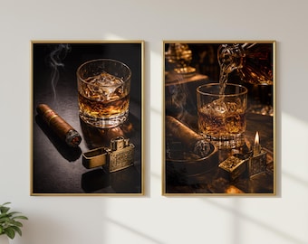 ウイスキーと葉巻のウォールアート2枚セット、バーボンバーの装飾プリント、男の隠れ家ウォールアート、ウイスキー注ぎプリント、男性的なホームデコレーション、葉巻ラウンジアート