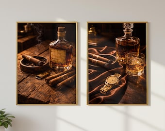 ウイスキーのウォールアート2枚セット（印刷可能）、バーボン装飾バンドル、葉巻のウォールアート、高級バー装飾、男の隠れ家装飾、ウイスキーボトルプリントセット