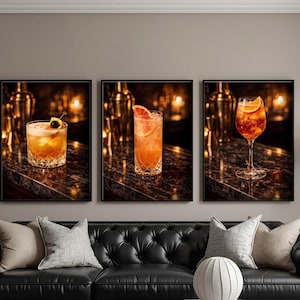 Juego de 3 impresiones de arte mural de cócteles, póster de Aperol Spritz Old Fashioned Paloma, decoración de bar para el hogar, arte mural de barra de cocina, impresión de cócteles