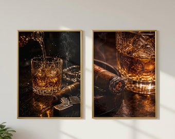 ウイスキーウォールアート2枚セット（印刷可能）、バーボン装飾バンドル、葉巻ウォールアート、男の隠れ家装飾、ウイスキー注ぎアート、バー装飾、男性へのギフト