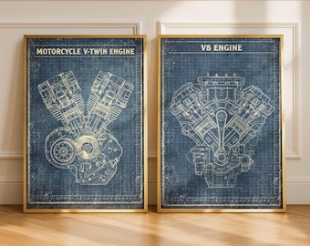 Set di 2 stampe murali di motori, poster di motori V8 e motociclette V-Twin, decorazioni murali per garage, opere d'arte per officine meccaniche