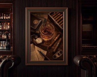 ヴィンテージウイスキーシガーウォールアートプリント、バーボン静物画プリント、男の隠れ家装飾、紳士の書斎アート、クラシックバーカート装飾