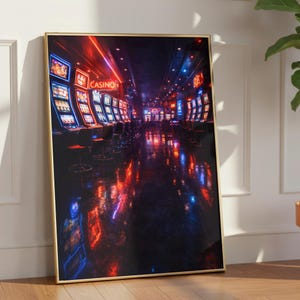 Peut inclure: Impression encadrée d'un intérieur de casino avec des rangées de machines à sous. La scène est éclairée par des néons rouges et bleus, avec le mot "CASINO" visible. Le sol brillant reflète les couleurs vives.