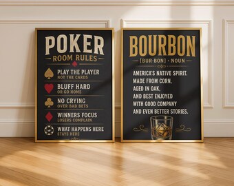 Conjunto de láminas decorativas de póker y bourbon, paquete de decoración para la cueva del hombre, láminas de bar de whisky, póster de reglas de sala de póker, arte de pared para bar de casino, descarga digital