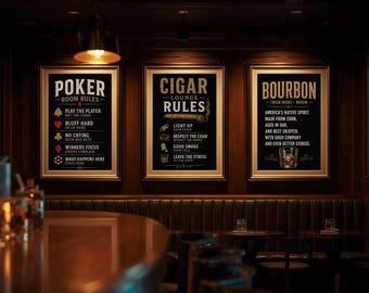 Juego de láminas imprimibles con las reglas de la sala de póker, las reglas del salón de puros y la definición de bourbon. Decoración para la cueva del hombre, pósteres para bares de whisky. Descarga digital.