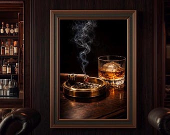 Lámina decorativa de pared con diseño de humo de puro y whisky, lámina de vaso de bourbon, decoración para cueva de hombre, obra de arte para carrito de bar, decoración masculina para el hogar, arte de pared para salón.