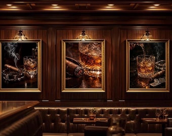 ウイスキーのウォールアート3枚セット（印刷可能）、葉巻のウォールアート、バーボンの装飾、男の隠れ家のウォールアート、バーの装飾セット、ウイスキーラウンジのアート、男性へのギフト