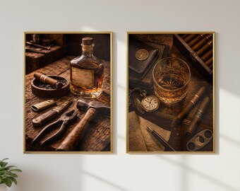 ウイスキーのウォールアート2枚セット（印刷可能）、ヴィンテージバーボン装飾、葉巻紳士のウォールアート、男の隠れ家装飾、素朴なワークショップアート、男性的なホームアート