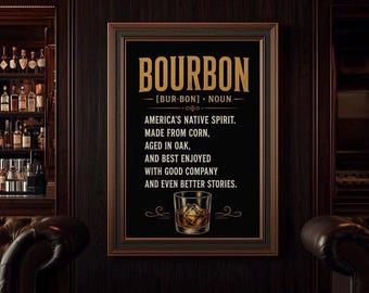 Lámina decorativa de bourbon, decoración para bar de whisky, póster con la definición de bourbon, arte para sala de puros, decoración para bar de cueva de hombre, arte vintage de speakeasy.