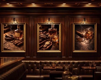 ウイスキーのウォールアート3枚セット（印刷可能）、バーボン装飾バンドル、葉巻のウォールアート、高級バー装飾、男の隠れ家のウォールアート、ウイスキーボトルプリントセット