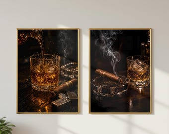 ウイスキーのウォールアート2枚セット（印刷可能）、葉巻のウォールアート、バーボンの注ぎ方プリント、男の隠れ家の装飾、ウイスキーグラスのアート、バーの装飾、男性へのギフト