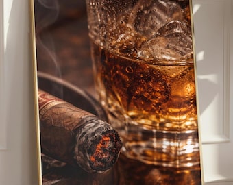 ウイスキーと葉巻のクローズアップウォールアートプリント、バーボングラスのマクロ写真、男の隠れ家の装飾、ウイスキープリント、バーの装飾、葉巻のアートワーク、男性へのギフト