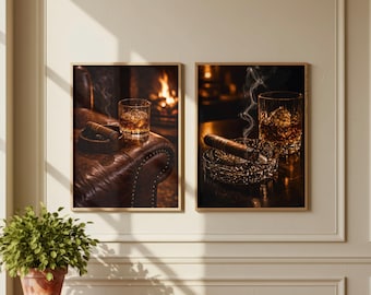 ウイスキーのウォールアート2枚セット（印刷可能）、暖炉の葉巻装飾、男の隠れ家ウォールアート、居心地の良いバーの装飾、バーボンプリントセット、男性へのギフト、ラウンジ風