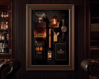 Lámina decorativa de lujo con diseño de whisky y puros, decoración para caballeros, arte para carrito de bar de bourbon, arte para la cueva del hombre, lámina con diseño de reloj y puros, decoración masculina para el hogar.