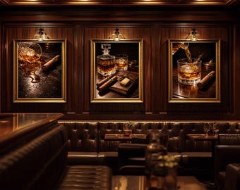 Juego de 3 láminas decorativas de whisky, láminas de bourbon y puros, decoración para la cueva del hombre, arte para bar o salón, decoración vintage masculina, arte para la pared del bar de casa.