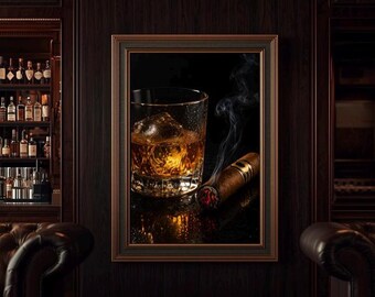 Lámina decorativa imprimible de whisky y puros, lámina de vaso de bourbon, decoración de puros para fumar, decoración para la cueva del hombre, decoración de bar con ambiente íntimo, regalo masculino para él.