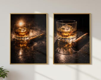 Juego de 2 láminas decorativas de whisky y puros para pared, lámina de vaso de bourbon, decoración ahumada de whisky, arte para la cueva del hombre, arte para carrito de bar, decoración masculina para el hogar