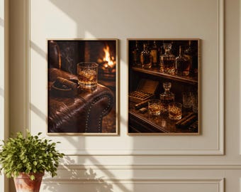 ウイスキーのウォールアート2枚セット（印刷可能）、暖炉のあるバーの装飾、シガーラウンジのウォールアート、男の隠れ家の装飾、バーボンプリントセット、ホームバーアート、男性へのギフト
