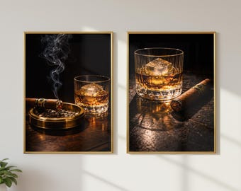 Juego de 2 láminas decorativas imprimibles con motivos de whisky y puros, decoración para vasos de bourbon, arte para la cueva del hombre, láminas para carrito de bar, obras de arte con temática de whisky.