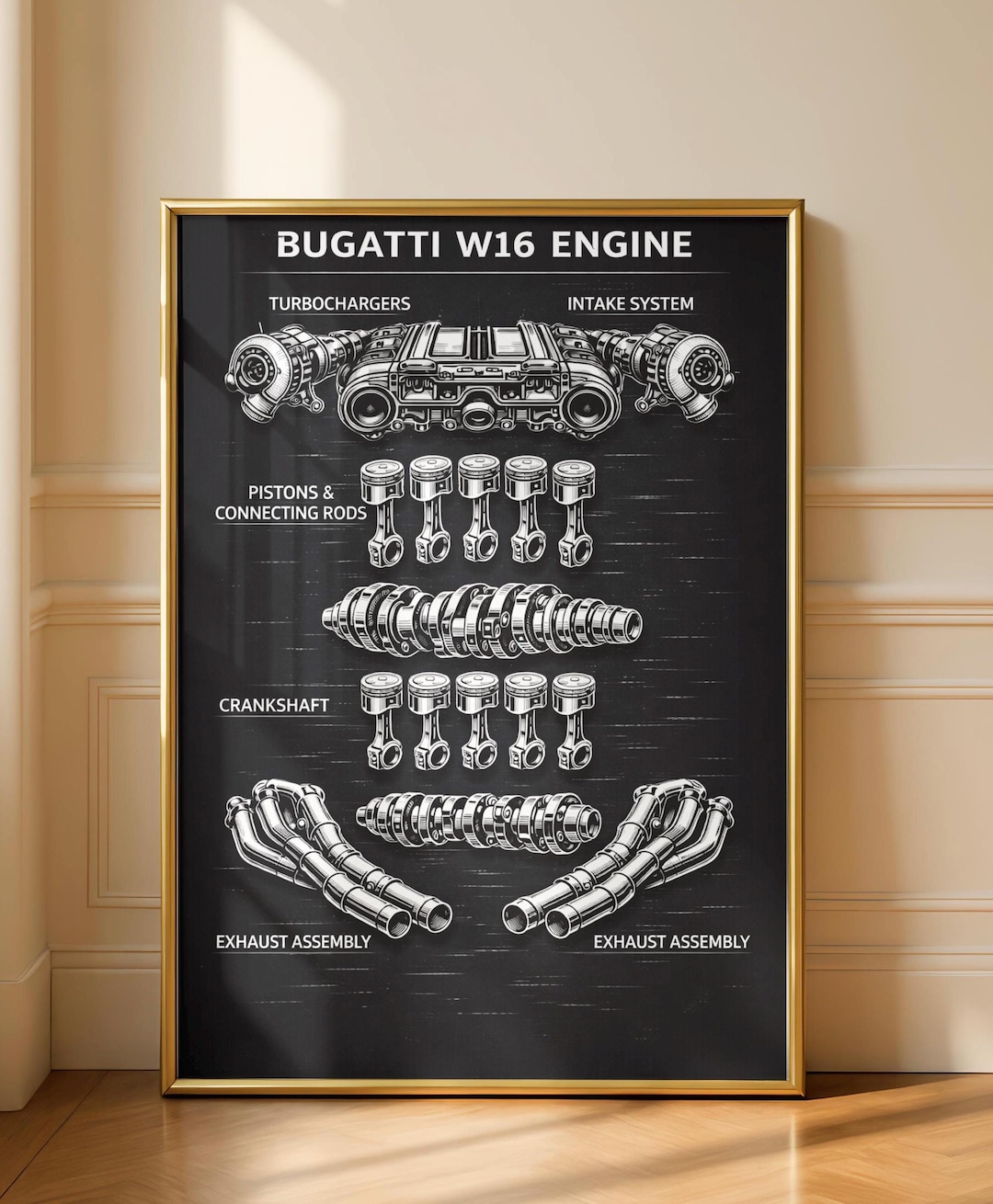 Bugatti W16 Engine Blueprint Wall Art Printable, Supercar Engine ...