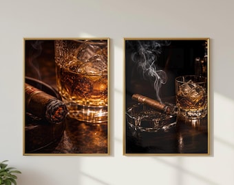 ウイスキーのウォールアート2枚セット（印刷可能）、葉巻のウォールアート、バーボンの装飾、男の隠れ家の装飾、ウイスキーグラスのプリント、バーカートの装飾、男性へのギフト