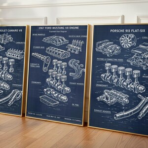 May include: Three framed prints featuring detailed blueprints of classic car engines: a 1969 Chevrolet Camaro V8, a 1967 Ford Mustang V8, and a Porsche 911 Flat-Six. Each print has a dark blue background with white technical drawings and gold frames, ideal for automotive enthusiasts.