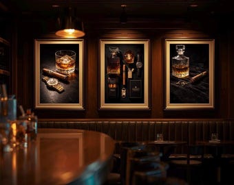 Juego de 3 láminas decorativas de lujo con temática de whisky, paquete de decoración para caballeros, obras de arte de puros Bourbon, arte para la cueva del hombre, lámina con diseño de reloj de whisky, carrito de bar
