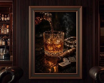 ウイスキー注ぎ壁アートプリント、バーボングラス装飾、葉巻壁アート、男の隠れ家装飾、バーカートアート、ウイスキープリント、素朴なバー装飾