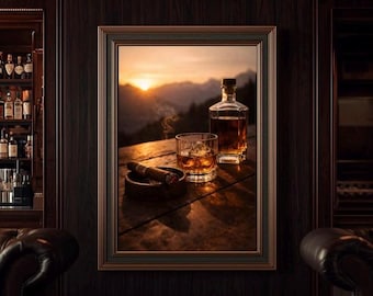 ウイスキーサンセットウォールアートプリント、バーボン風景プリント、シガーラウンジ装飾、男の隠れ家アートワーク、素朴なバー装飾、ウイスキー愛好家へのギフト