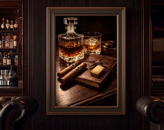 Lámina decorativa para pared con diseño de decantador de whisky, lámina de bourbon y puros, decoración vintage para diario, arte para la cueva del hombre, ilustración para carrito de bar, decoración masculina para el hogar