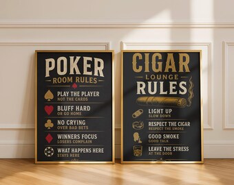 Juego de láminas imprimibles con las reglas de la sala de póker y del salón de puros, decoración para la cueva del hombre, pósteres para salas de póker, láminas para salones de puros, descarga digital.