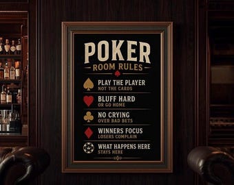 Cuadro decorativo con reglas de póker, lámina decorativa de póker, arte mural de casino, letrero de póker para cueva de hombre, decoración mural de juegos de azar, póster vintage para sala de juegos.
