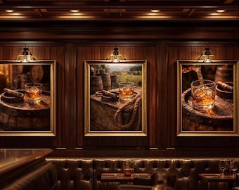 ウイスキーのウォールアート3枚セット（印刷可能）、バーボン装飾バンドル、男の隠れ家装飾、ウイスキー樽アート、素朴なバーのウォールアート、葉巻ウイスキープリント