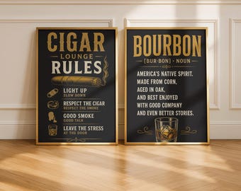Juego de láminas imprimibles con las reglas del salón de puros y la definición del bourbon, decoración para la cueva del hombre, pósteres para bares de whisky, láminas para salones de puros, descarga digital.