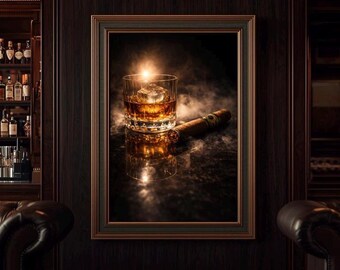 Lámina decorativa de pared con diseño de humo de puro y whisky, lámina de vaso de bourbon, decoración para cueva de hombre, obra de arte para carrito de bar, decoración con temática de whisky, decoración masculina para el hogar