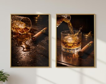 Juego de 2 láminas decorativas de pared con diseño de vertido de whisky, lámina de vaso de bourbon, decoración de pared para puros, arte para la cueva del hombre, arte para carrito de bar, decoración masculina, regalo para él.