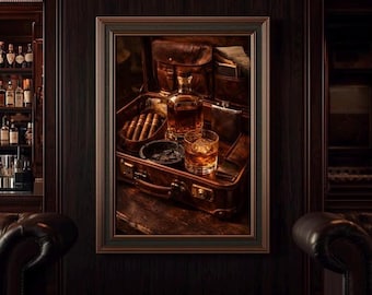 ウイスキーのウォールアートプリント、ヴィンテージトラベルウイスキーデコレーション、シガーバーボンプリント、マンケーブバーデコレーション、ラスティックジェントルマンアート、彼へのウイスキーギフト