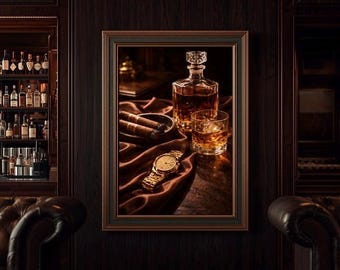 ウイスキーのウォールアートプリント、バーボン装飾、葉巻のウォールアート、高級バー装飾、男の隠れ家装飾、ウイスキーグラスプリント、男性的なウォールアート